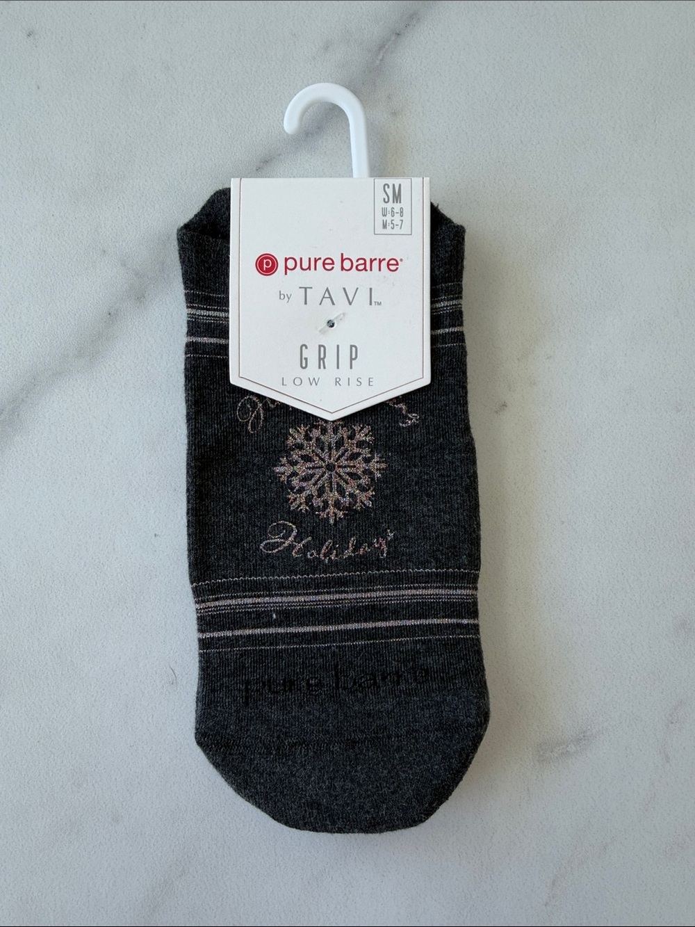 Pure Barre Holiday Dark Charcoal Grip Low Rise Socks with Metallic Snowflake
